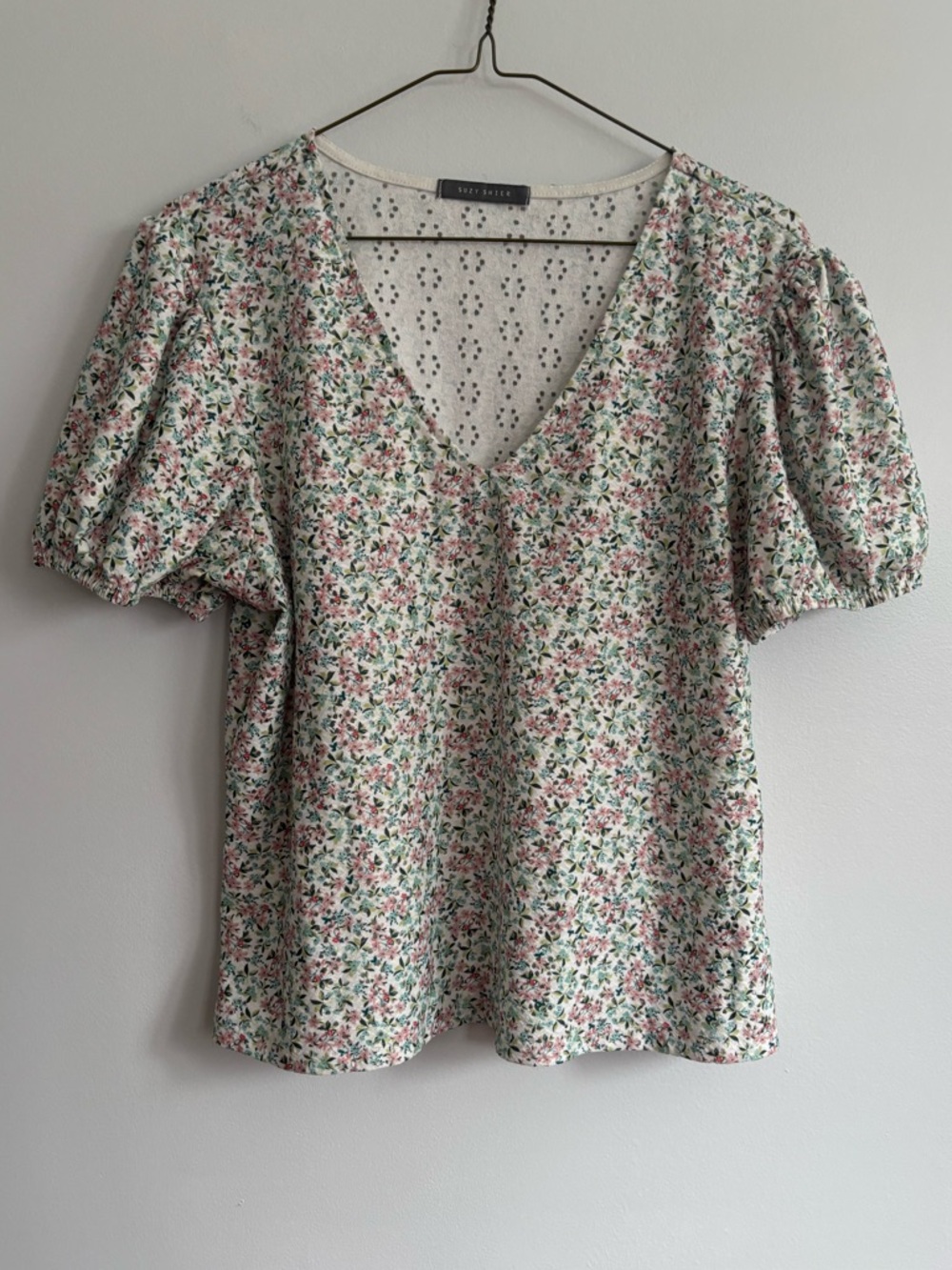 Suzy Shier Ditsy Floral Short Sleeve V-neck Prairie Blouse Size XL